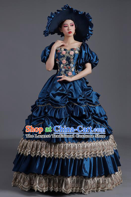 Custom Europe Vintage Garment Costume Drama Performance Fashion European Royal Princess Clothing Western Stage Deep Blue Full Dress