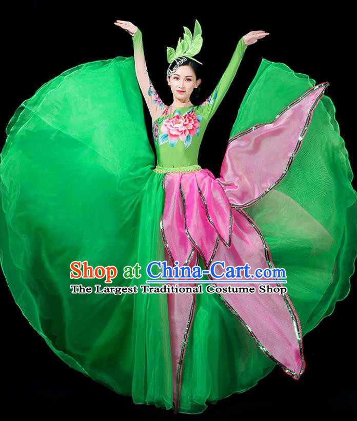 Professional China Woman Modern Dance Fashion Lotus Dance Garment Clothing Spring Festival Gala Opening Dance Green Dress