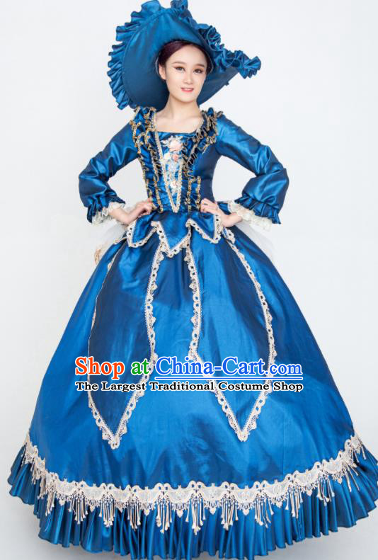 Custom Europe Medieval Age Clothing Vintage Full Dress Western Court Fashion European Noble Woman Blue Satin Dress