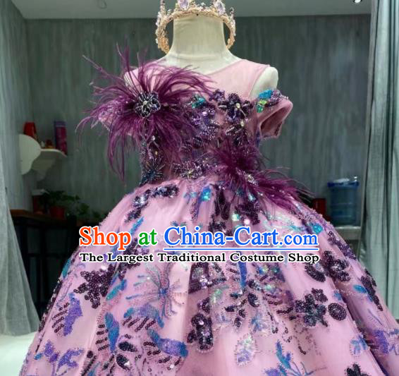 Top Catwalks Show Embroidered Sequins Clothing Girl Compere Evening Garment Children Stage Performance Purple Full Dress