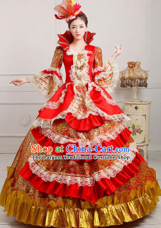 Custom European Woman Red Full Dress Western Vintage Fashion Middle Age Royal Countess Dress Europe Court Clothing