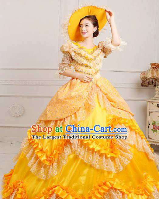 Custom Europe Court Clothing European Woman Yellow Full Dress Western Vintage Fashion Middle Age Royal Countess Dress