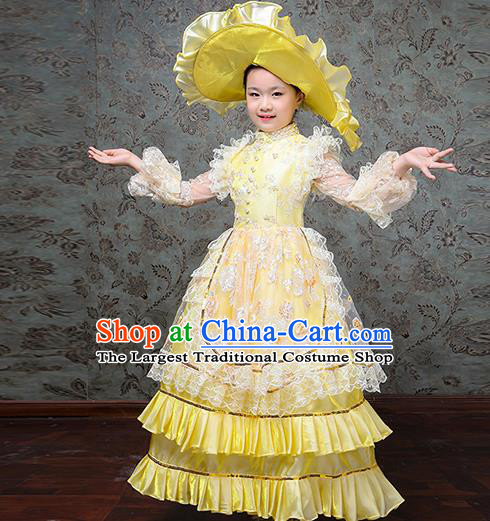 Custom Children Day Performance Yellow Dress Europe Palace Clothing Girl Princess Full Dress Kid Birthday Fashion