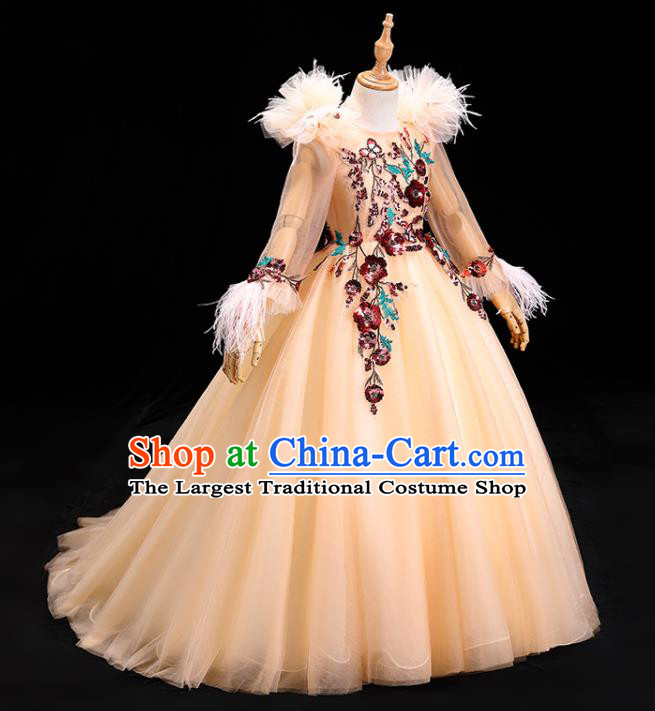 Top Girl Catwalks Show Embroidered Clothing Christmas Princess Formal Garment Children Stage Performance Champagne Veil Evening Dress