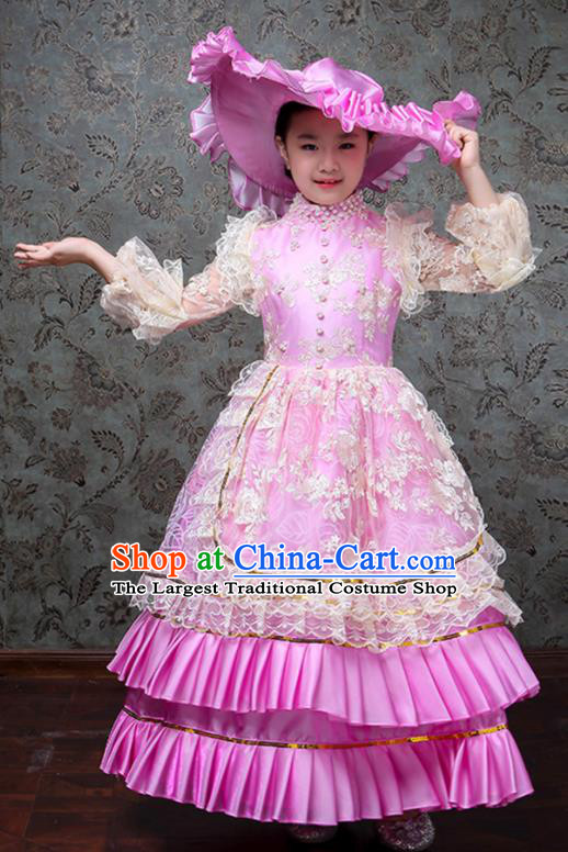 Custom Girl Princess Full Dress Kid Birthday Fashion Children Day Performance Pink Dress Europe Palace Clothing
