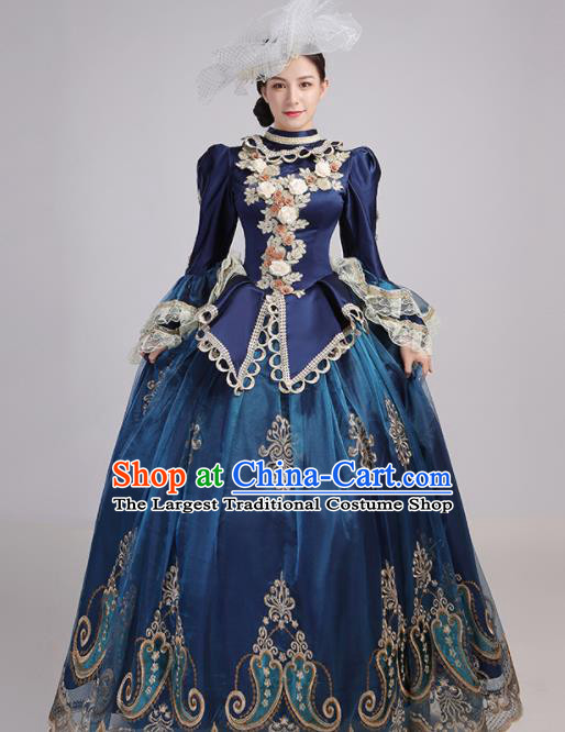 Custom Drama Performance Fashion Western Woman Catwalks Dress Europe Countess Clothing European Medieval Navy Full Dress