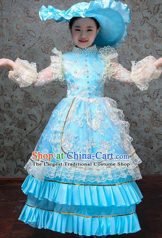 Custom Europe Palace Clothing Girl Princess Full Dress Kid Birthday Fashion Children Day Performance Blue Dress