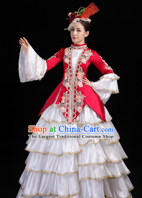 Custom European Medieval Vintage Dress Western Opera Performance Fashion Europe Court Woman Clothing Catwalks Wine Red Full Dress