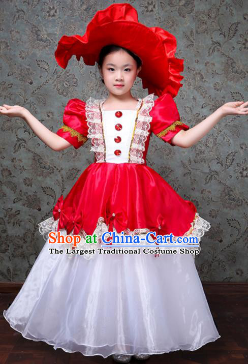 Custom Children Day Catwalks Dress Europe Princess Clothing Girl Red Full Dress Kid Performance Fashion