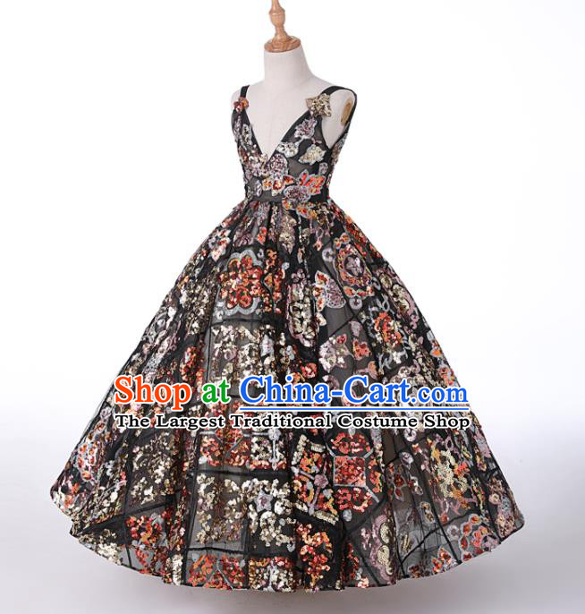 Top Girl Catwalks Baroque Black Evening Dress Christmas Princess Fashion Garment Children Stage Show Formal Clothing