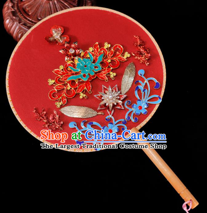 Handmade China Classical Dance Palace Fan Wedding Fan Ancient Bride Circular Fan Traditional Red Silk Fan