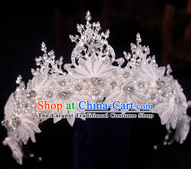 Top Grade Royal Crown Princess Hair Accessories Handmade Wedding Hair Clasp Bride White Silk Flowers Headpiece