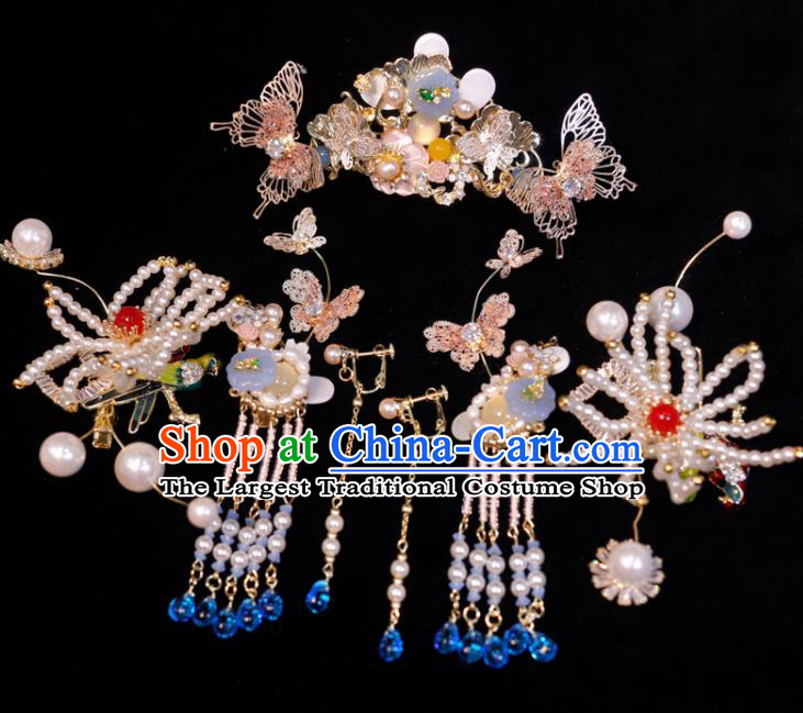 Chinese Ancient Bride Pearls Hairpins and Hair Comb Classical Wedding Hair Accessories Xiuhe Suits Headpieces Handmade Headdress