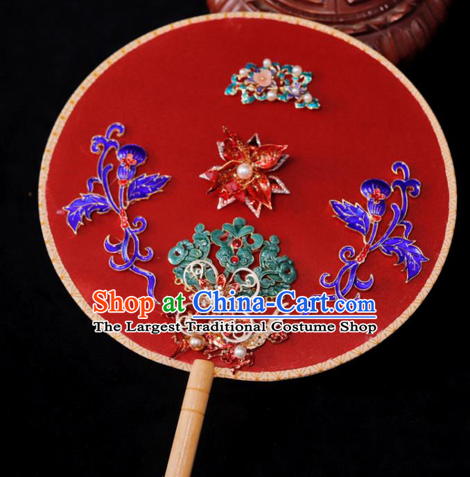 Handmade China Wedding Circular Fan Ancient Bride Cloisonne Fan Traditional Red Silk Fan Classical Dance Palace Fan