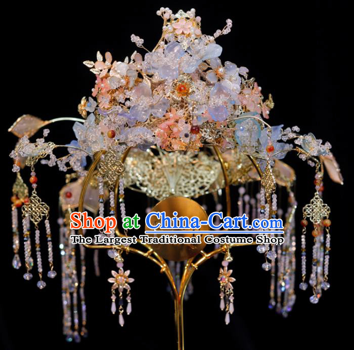 Chinese Classical Hair Accessories Xiuhe Suits Phoenix Coronet Handmade Wedding Headdress Ancient Bride Blue Flowers Hair Crown