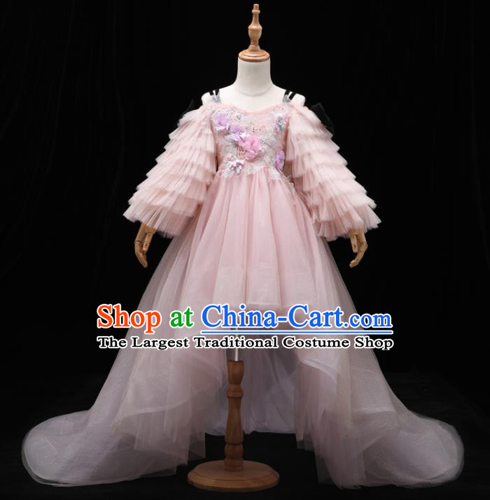 Top Children Stage Show Formal Clothing Girl Catwalks Pink Veil Trailing Evening Dress Christmas Princess Dance Fashion Garment