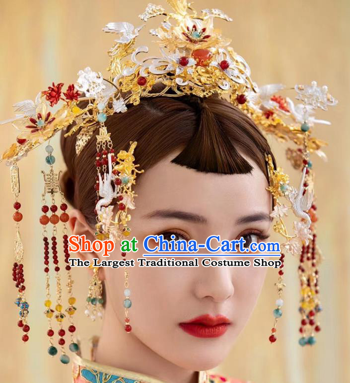 Chinese Handmade Xiuhe Suits Headdress Ancient Bride Golden Hair Crown Wedding Hair Accessories Classical Phoenix Coronet and Hairpins