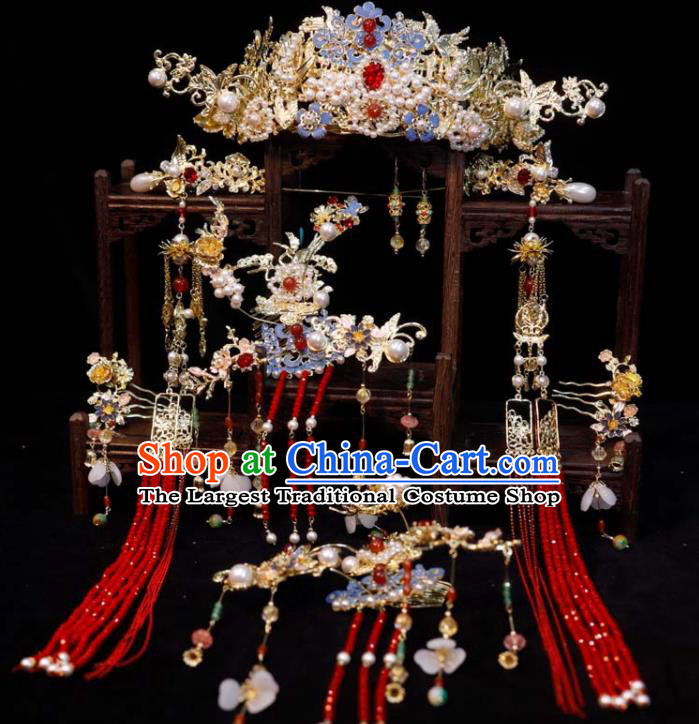 Chinese Classical Headpieces Handmade Hair Accessories Ancient Bride Hair Crown Wedding Cloisonne Phoenix Coronet and Tassel Hairpins