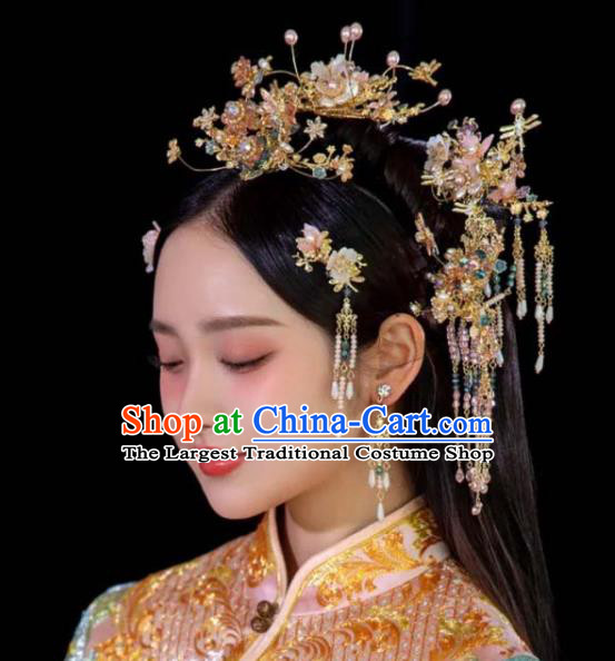 Chinese XiuHe Pearls Headpieces Handmade Wedding Hair Accessories Ancient Bride Hair Crown Classical Tassel Hairpins