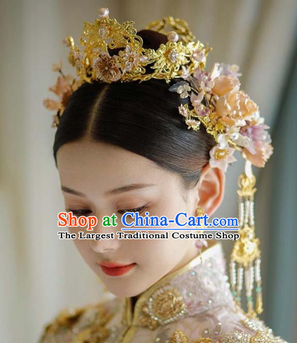 Chinese Classical Flowers Hairpins XiuHe Headpieces Handmade Wedding Hair Accessories Ancient Bride Golden Hair Crown