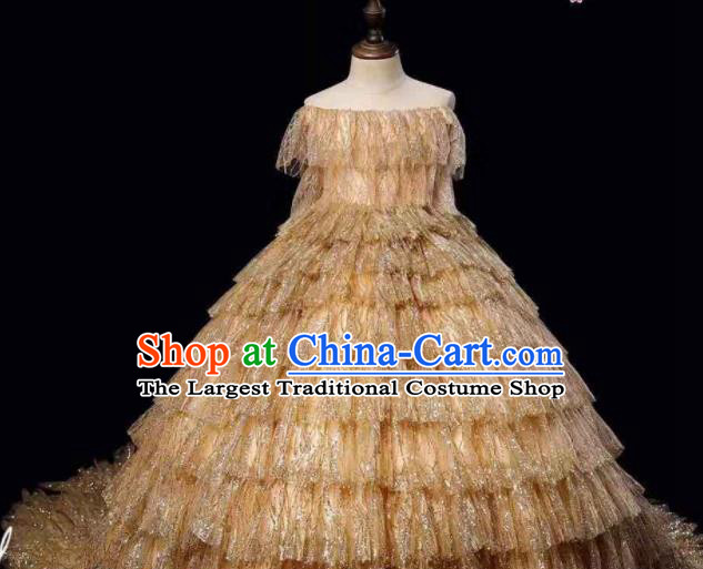 Top Girl Princess Off Shoulder Fashion Garment Children Stage Show Formal Clothing Catwalks Golden Trailing Evening Dress