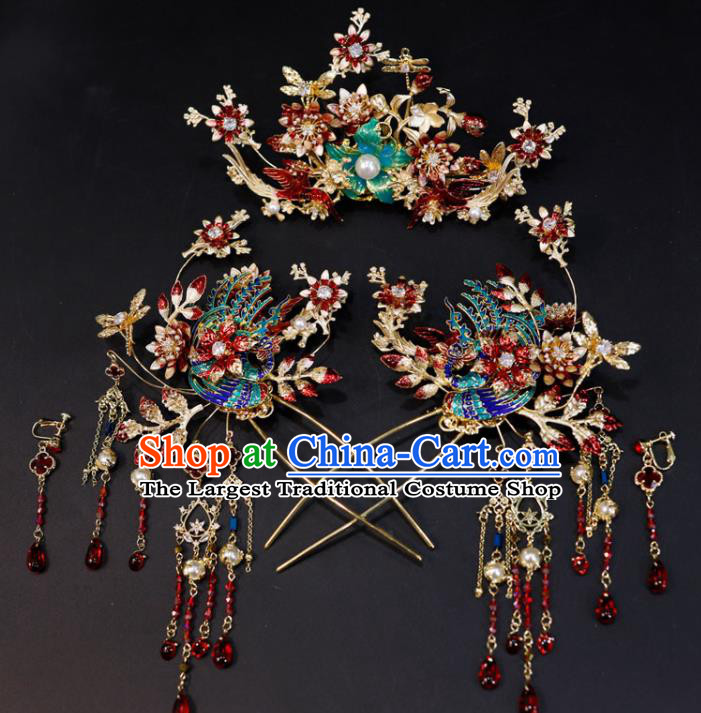 Chinese Handmade Wedding Headdress Traditional XiuHe Hair Accessories Ancient Cloisonne Hair Crown Classical Tassel Hairpins