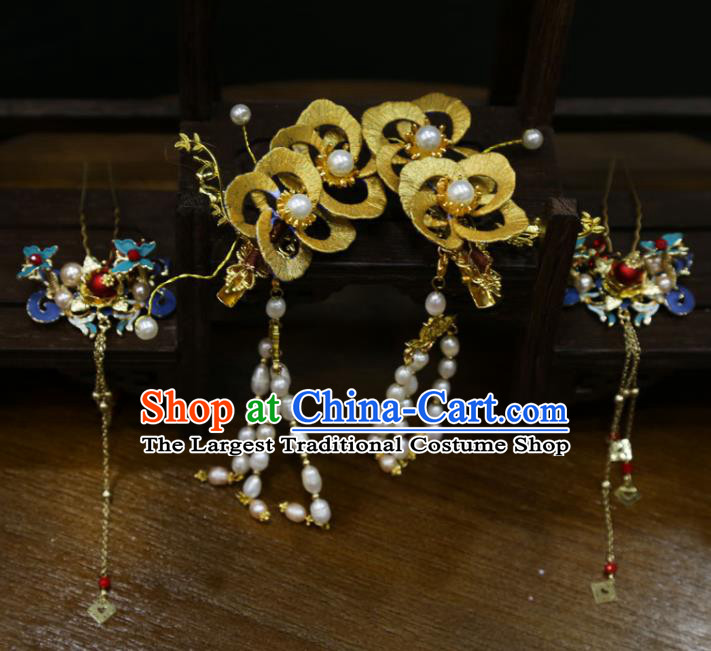 China Handmade Ming Dynasty Wedding Hair Accessories Traditional Hanfu Cloisonne Tassel Hairpin Ancient Bride Silk Flowers Hair Sticks