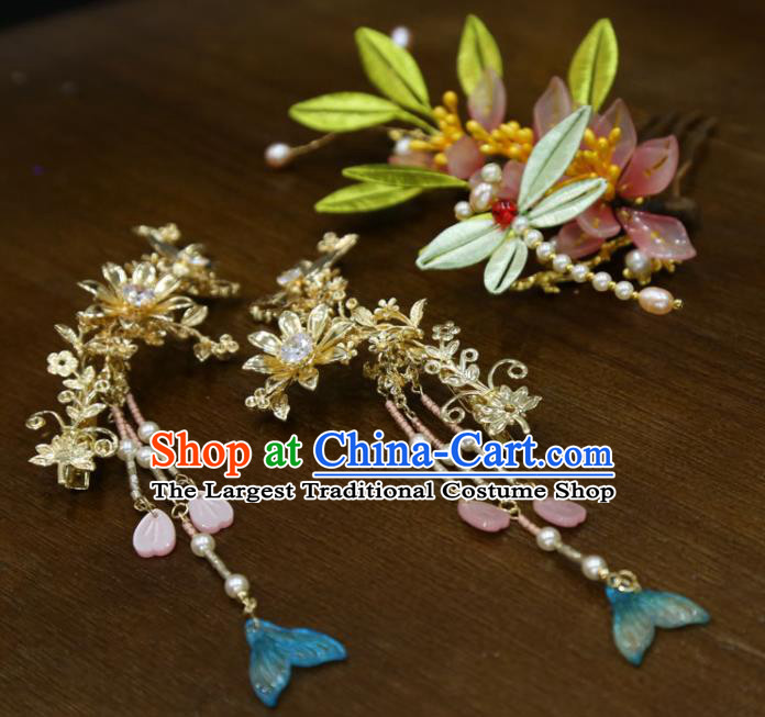 China Traditional Hanfu Tassel Hairpins Ancient Bride Silk Dragonfly Hair Comb Handmade Ming Dynasty Wedding Hair Accessories