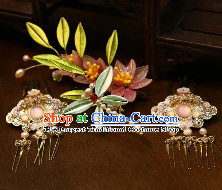 China Handmade Song Dynasty Wedding Hair Accessories Traditional Hanfu Golden Hairpins Ancient Bride Silk Dragonfly Hair Comb