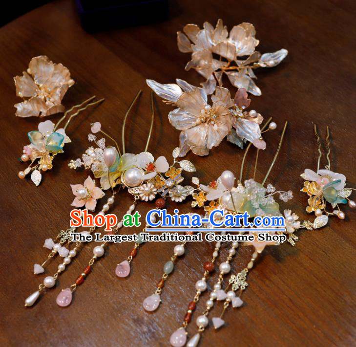 Chinese Classical Flowers Hair Comb Handmade Wedding Headpieces Traditional XiuHe Hair Accessories Ancient Bride Pearls Tassel Hairpins Complete Set