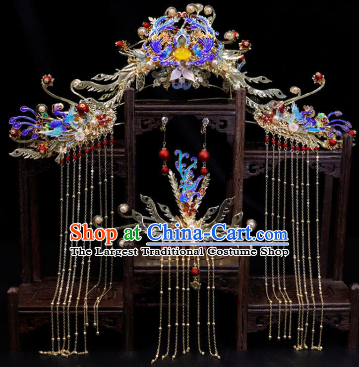 Chinese Ancient Bride Cloisonne Hair Crown Classical Tassel Hairpins Handmade Wedding Headpieces Ming Dynasty Hair Accessories