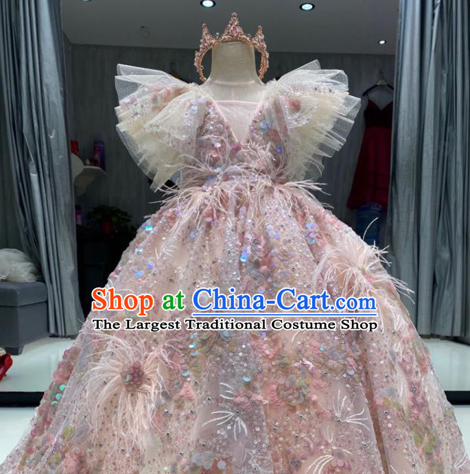 Top Girl Catwalks Show Sequins Evening Clothing Baroque Princess Formal Garment Children Stage Performance Pink Full Dress