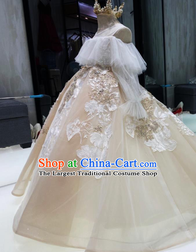 Top Children Stage Performance Beige Veil Bubble Full Dress Girl Catwalks Show Evening Clothing Baroque Princess Formal Garment