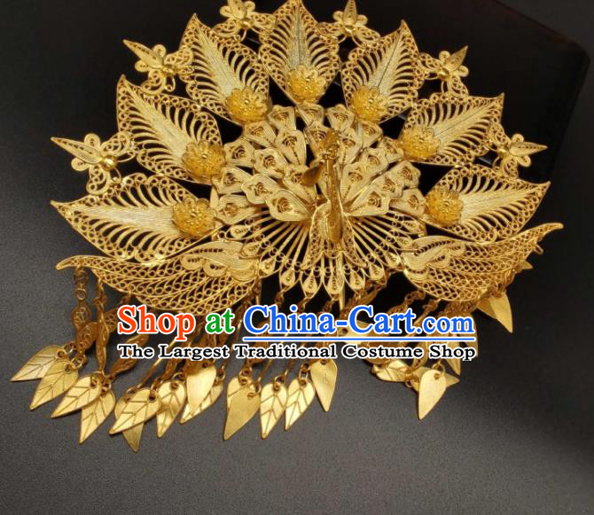 China Ancient Empress Hair Crown Classical Hanfu Headpiece Handmade Hair Accessories Traditional Gilding Silver Peacock Hairpin