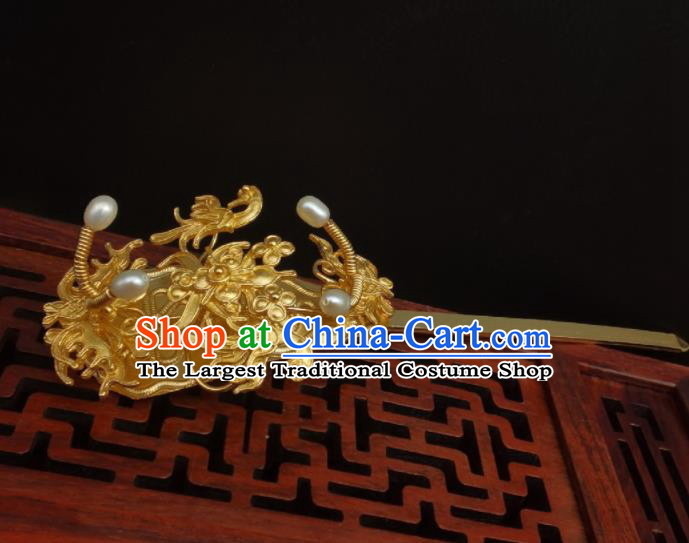 Chinese Handmade Ming Dynasty Headpiece Traditional Wedding Hair Accessories Ancient Empress Pearls Hairpin Classical Gilding Hair Stick