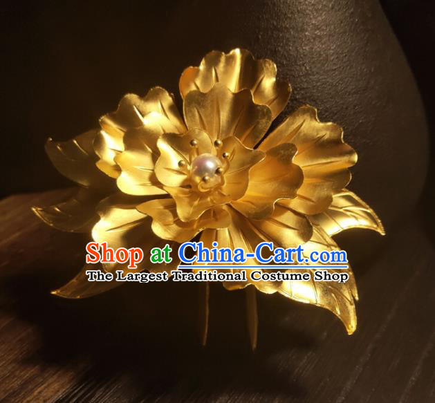 Chinese Traditional Wedding Hair Accessories Ancient Princess Gilding Peony Hairpin Classical Hair Crown Handmade Tang Dynasty Headpiece