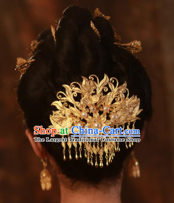 Chinese Traditional Wedding Hair Accessories Ancient Princess Gilding Hairpin Classical Tassel Hair Crown Handmade Tang Dynasty Headpiece