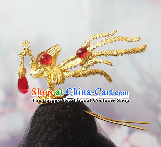 Chinese Classical Wedding Hairpin Handmade Ming Dynasty Golden Phoenix Hair Stick Traditional Hanfu Hair Accessories Ancient Empress Headpiece