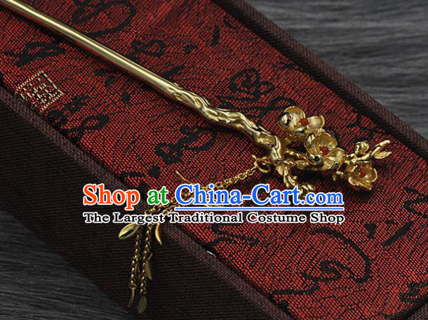 Chinese Handmade Silver Plum Hairpin Classical Golden Tassel Hair Stick Cheongsam Headpiece Traditional Hair Accessories