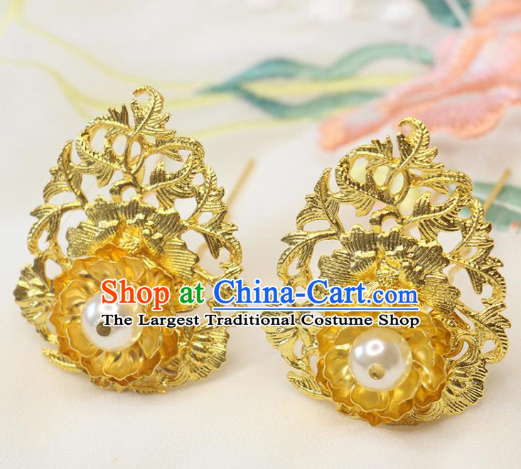 Chinese Ancient Princess Hairpin Classical Wedding Golden Peony Hair Stick Handmade Ming Dynasty Headpiece Traditional Court Hair Accessories