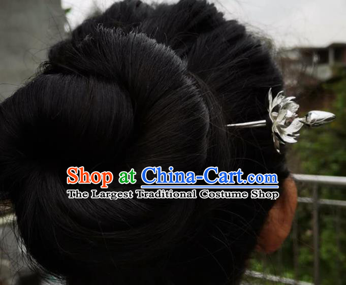 Chinese Cheongsam Headpiece Traditional Hair Accessories Handmade Silver Tassel Hairpin Classical Carving Lotus Hair Stick