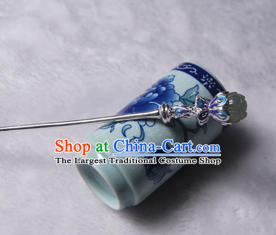 Chinese Cheongsam Headpiece Traditional Hair Accessories Handmade Jade Lotus Hairpin Classical Cloisonne Silver Hair Stick