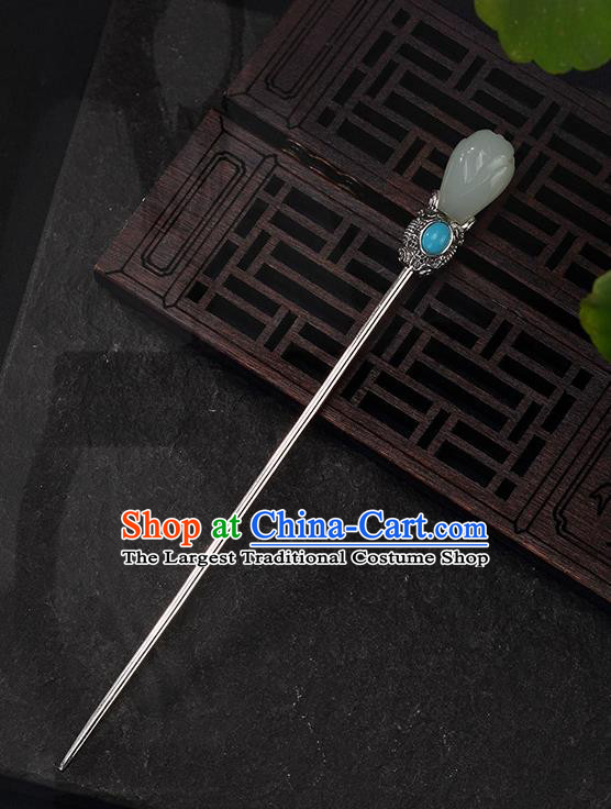 Chinese Cheongsam Accessories Headpiece Handmade Hetian Jade Mangnolia Hairpin Traditional Hair Jewelry Classical Silver Hair Stick