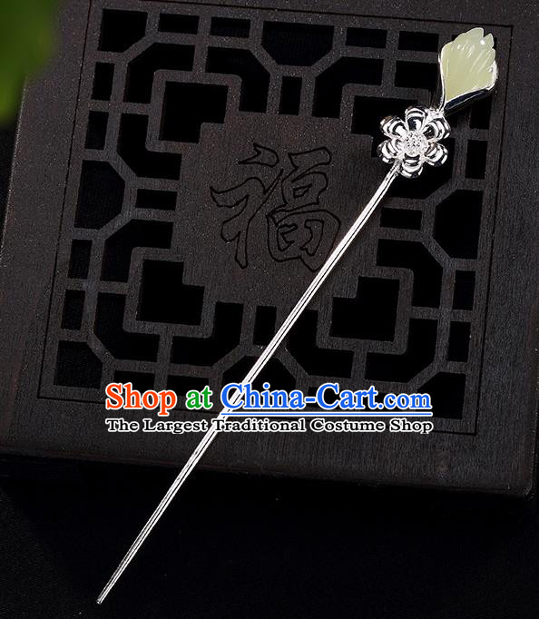 Chinese Classical Silver Hair Stick Cheongsam Accessories Headpiece Handmade Hetian Jade Mangnolia Hairpin Traditional Hair Jewelry