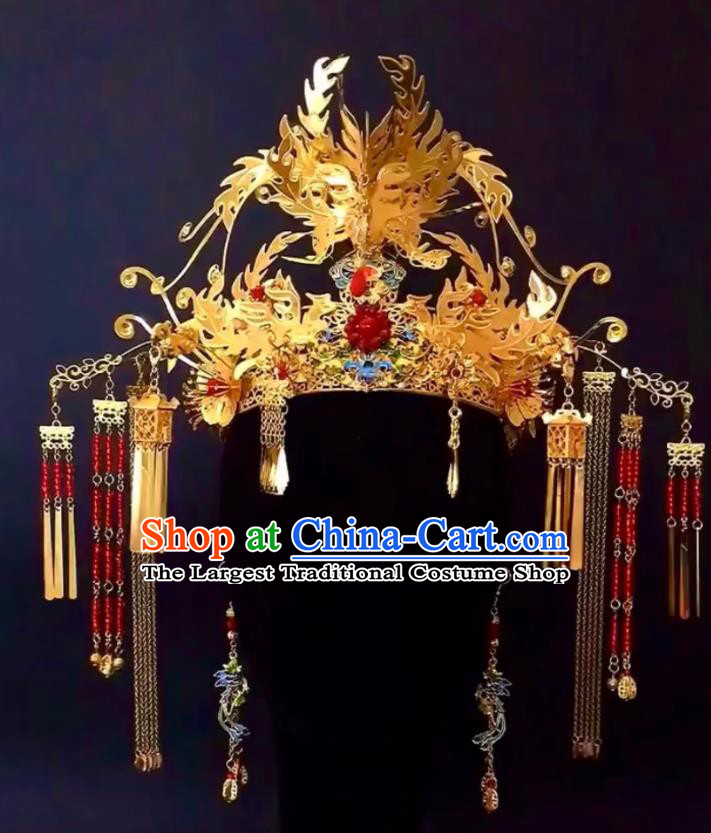 Custom China Wedding Hair Accessories Stage Show Golden Hair Crown Ancient Empress Deluxe Cloisonne Phoenix Coronet Catwalks Headdress