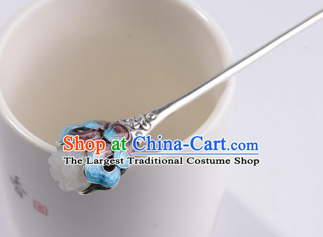 Chinese Classical Jade Mangnolia Hair Stick Cheongsam Headpiece Handmade Cloisonne Silver Hairpin Traditional Hair Accessories