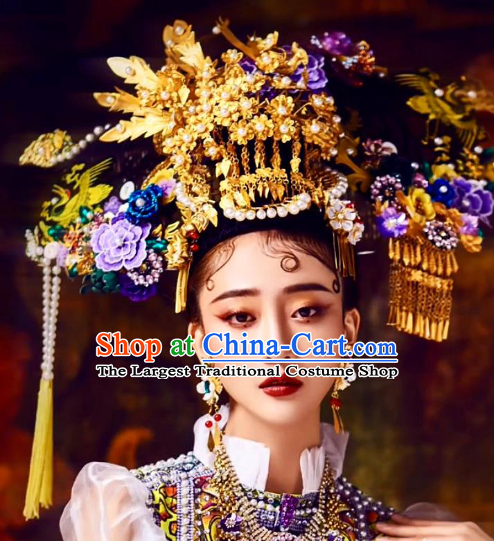 China Catwalks Hair Accessories Wedding Headdress Stage Show Cloisonne Hair Crown Ancient Qing Dynasty Imperial Concubine Deluxe Phoenix Coronet