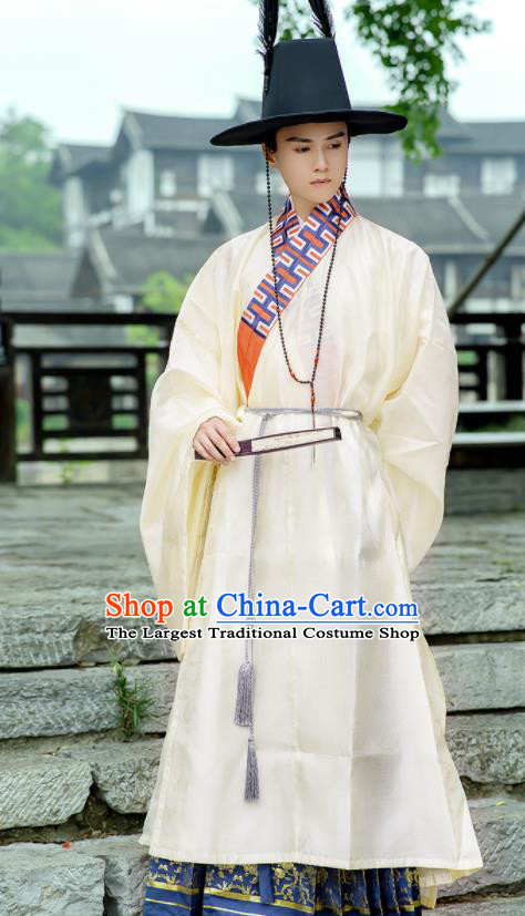 China Ancient Scholar Beige Hanfu Robe Costume Traditional Ming Dynasty Confucian Master Historical Clothing