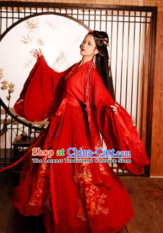 China Ancient Bride Red Hanfu Dress Garments Traditional Jin Dynasty Princess Wedding Embroidered Historical Clothing Complete Set