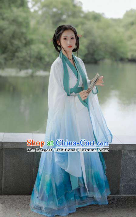 China Traditional Jin Dynasty Young Beauty Historical Clothing Ancient Noble Lady Blue Hanfu Dress Garments